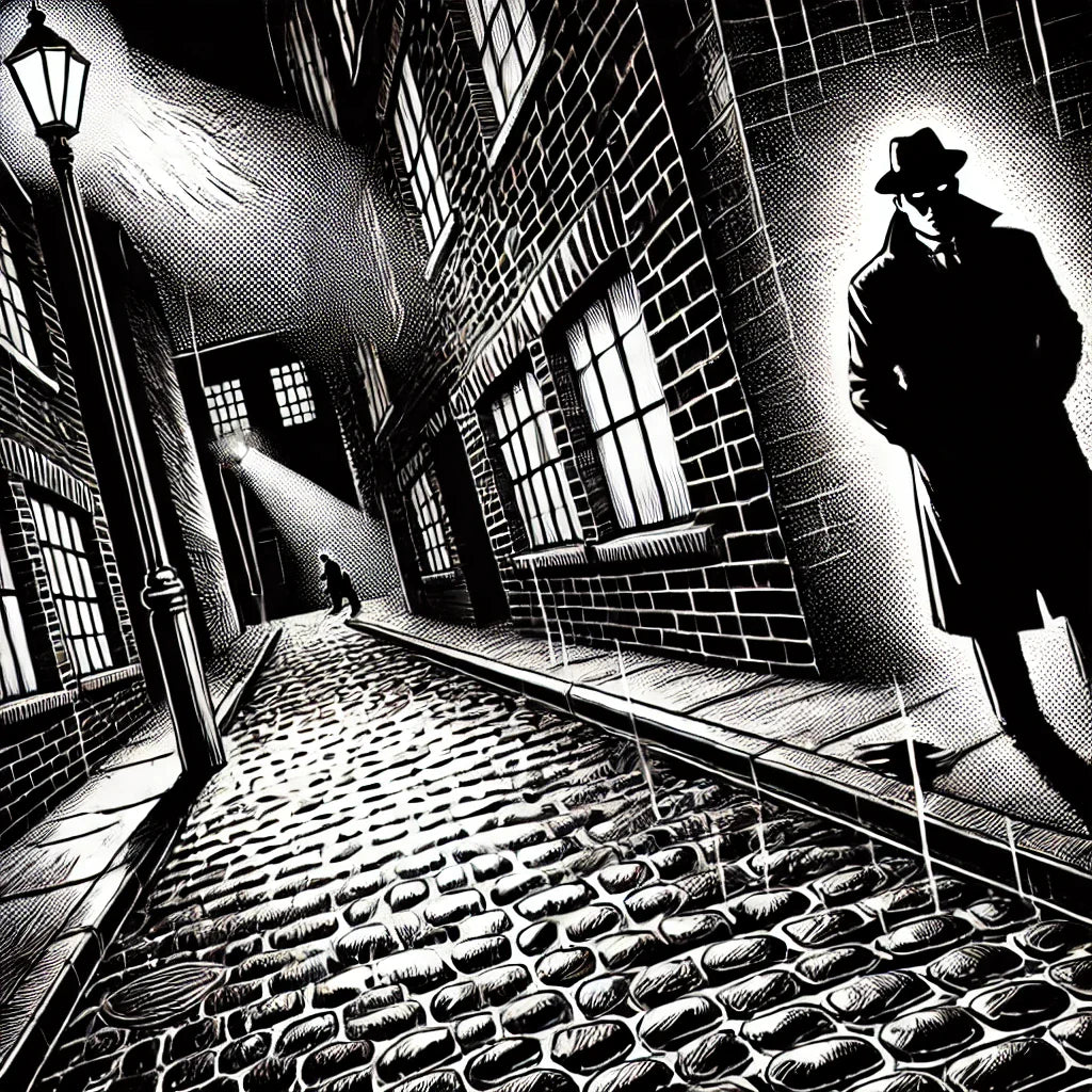 Black and white comic book style image of a dark alley with a suspicious man waiting for a victim.