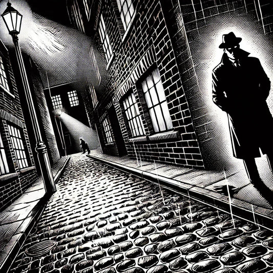 Black and white comic book style image of a dark alley with a suspicious man waiting for a victim.