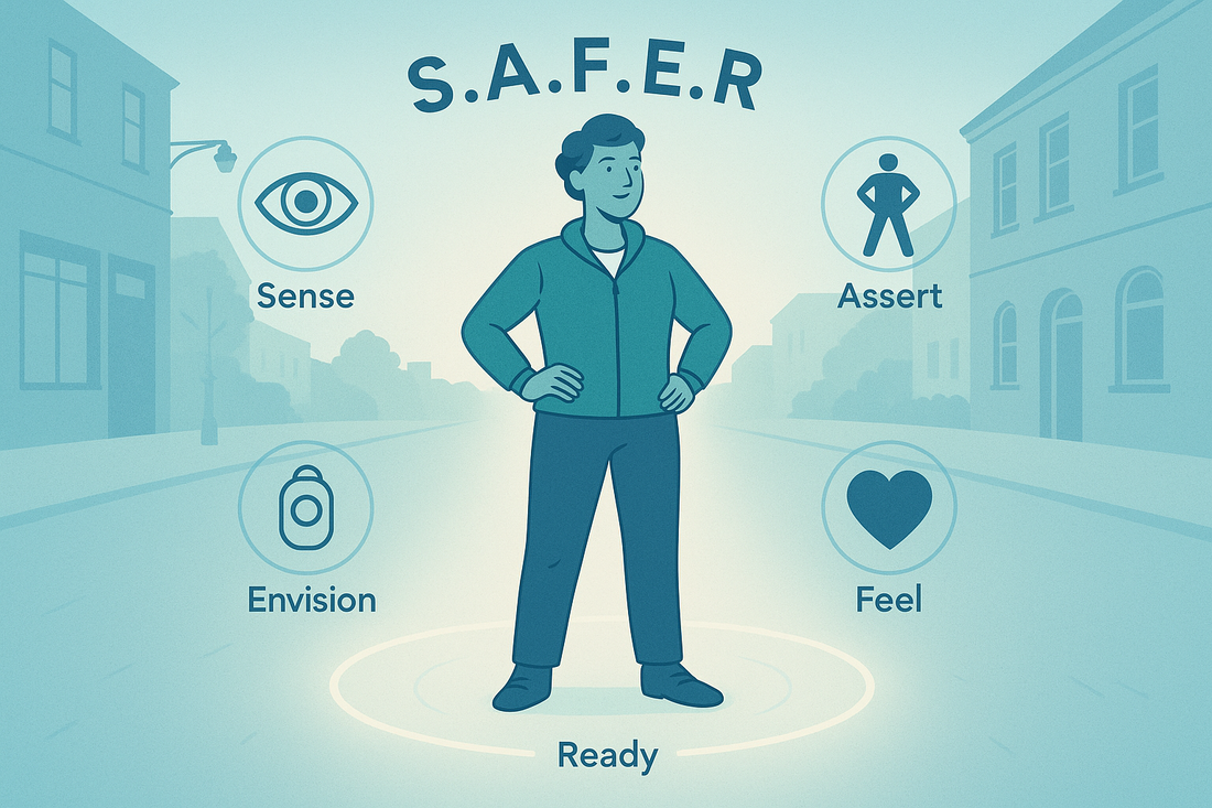 A simple graphics showing a person surrounded by letters SAFER and cliparts representing leach letter. This is to represent the SAFER framework for staying safe in Ireland.