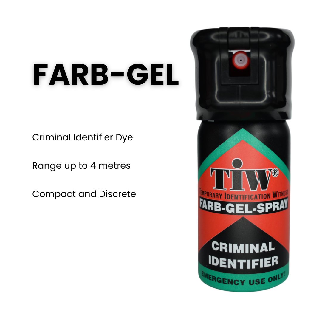 Farb-Gel Can Front with text: Criminal Identifier, Range up to 4 meters, Compact and Discrete